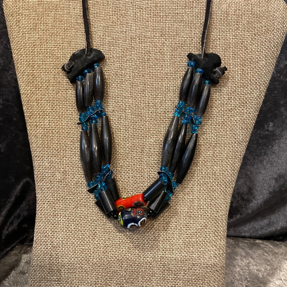 Vintage Native American Style Buffalo Horn and Bead Rawhide Necklace